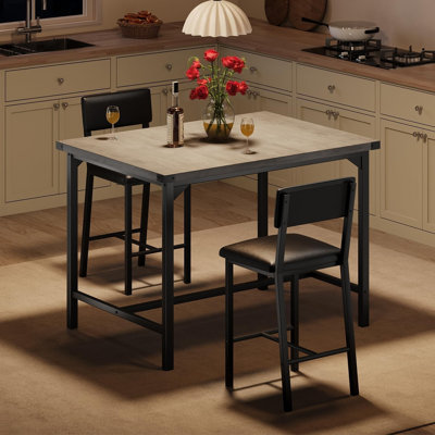 Garvee Dining Table Set for 2 w/Footrest & Corner Protector, 3-Piece Kitchen Table Set with Backrest, Counter Height Table with 2 Upholstered Bar Stoo by 17 Stories