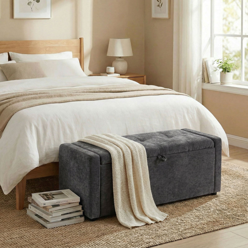 Banc de rangement avec repose-pieds, repose-pieds avec large assise rembourrée, gris foncé, Gris foncé