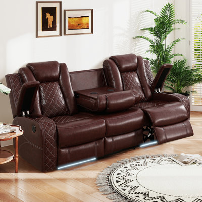 3-Seater Power Recliner Sofa Set W/ Wireless Charging, Reading Light & Storage, Modern Home Theater Seating for Living Room, Brown