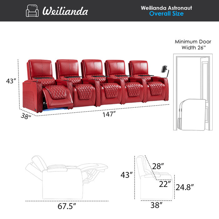 Canapé inclinable électrique Haiylee, Cuir véritable rouge