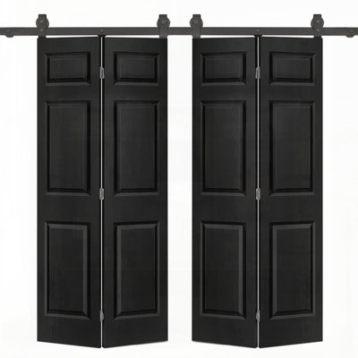 Porte de grange double à 6 panneaux en panneau de fibres à densité moyenne peinte noire à 6 panneaux avec quincaillerie coulissante