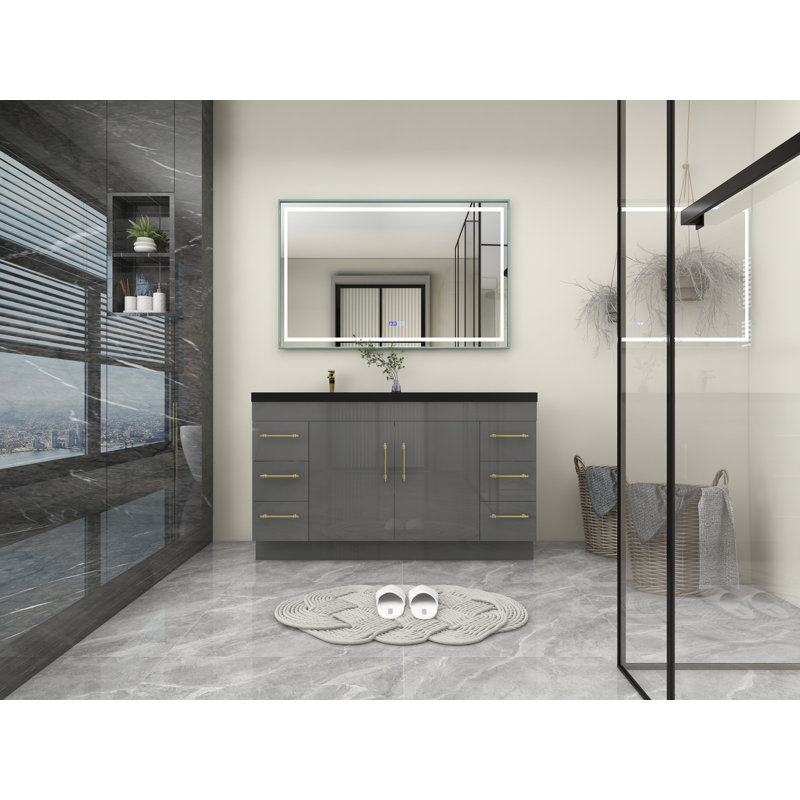 Ensemble de meuble-lavabo simple 60 po Campea, Gris à haute brillance, Or mat