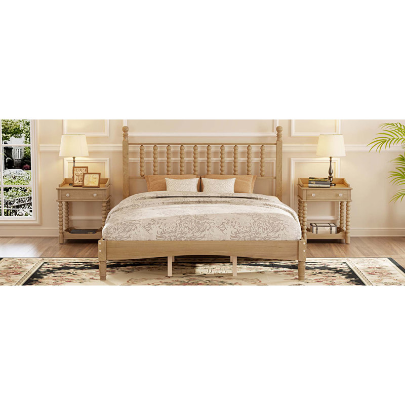Grand lit plateforme en bois avec tête de lit en forme de gourde, lit plateforme de style rétro avec support en lattes de bois
