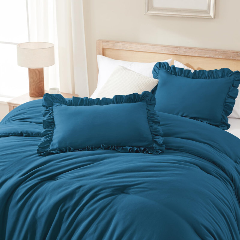 Andency Teal Ruffle Comforter Oversized Queen(98x98Inch), 3 Pieces(1 Ruffled Comforter and 2 Pillowcases) Solid Farmhouse Bed, Vintage Rustic Soft Microfiber Bedding Set