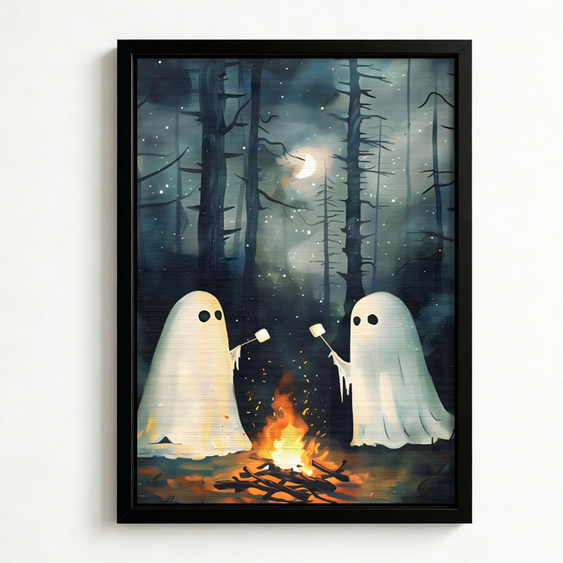 Halloween : Deux fantômes faisant griller des guimauves autour d'un feu de camp, tableau sur toile encadré, cadre blanc, 61 x 91 cm