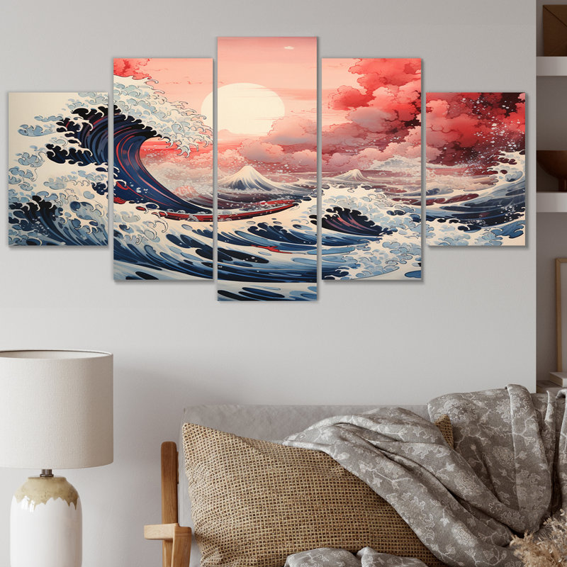 Chef-d'œuvre de la grande vague de Kanagawa II - salon nautique et plage - 5 panneaux