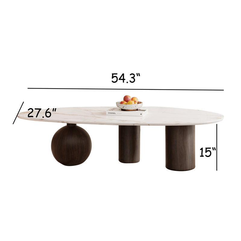 Faux Marble Modern White Coffee Table Three Legs Solid Wood Special Shape for Living Room, Brown