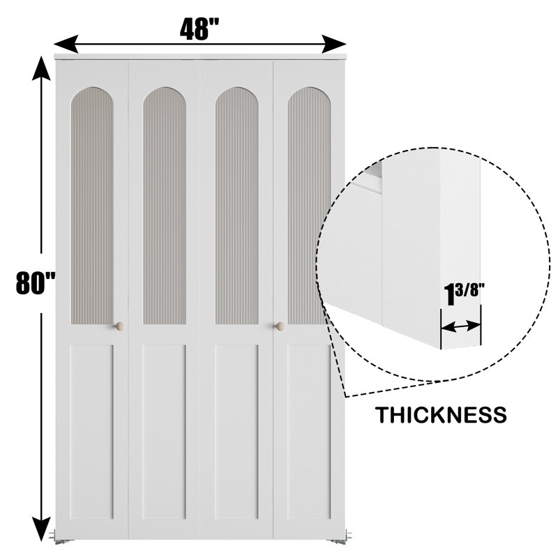Portes d'armoire doubles pliantes en verre trempé cannelé avec âme pleine, style français, fini blanc à base d'eau, pour garde-manger et buanderie, quincaillerie incluse
