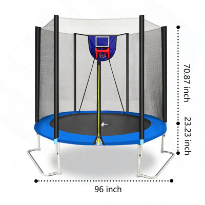 Trampoline extérieure de 2,4 m avec filet de sécurité, panneau de basket souple, ballon et gonfleur, bleu