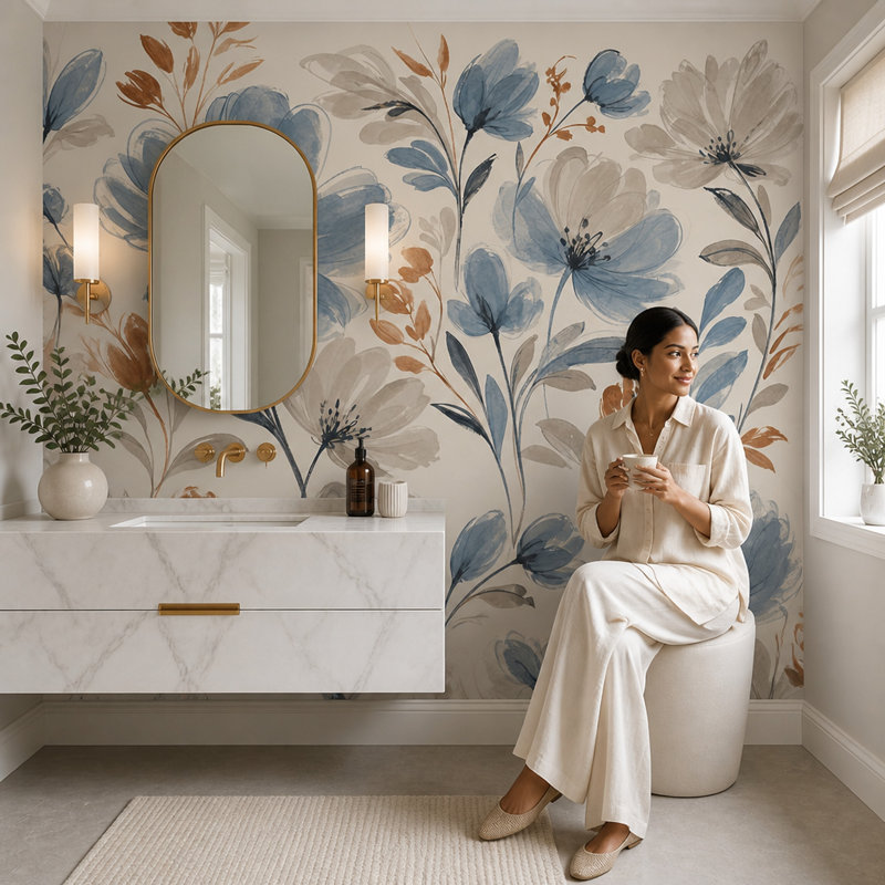 Papier peint fleurs bleues, 120 po x 96 po, Peler et coller