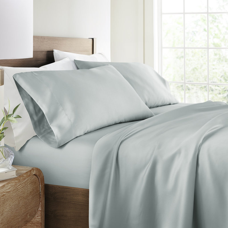 Ensemble de draps 100% rayonne de bambou soyeux, Ensemble de draps pour très grand lit avec 2 taie, Bleu clair