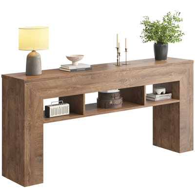 Slim Console Table with Open Storage Shelves in Light Brown & Dark Brown