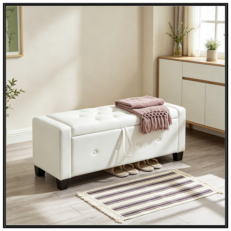Banc rembourré capitonné avec rangement, Ivoire blanc