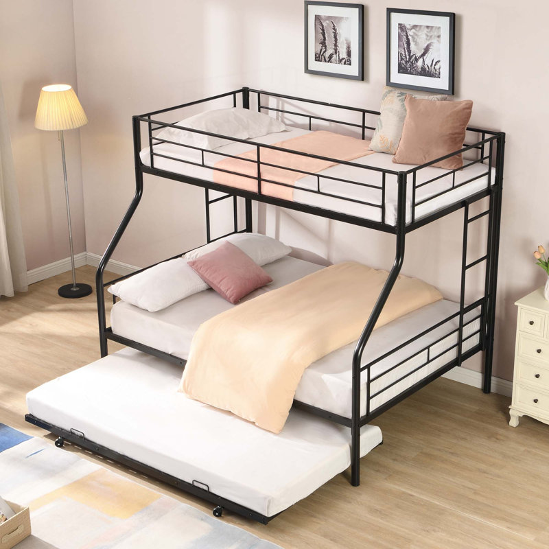 Lit simple superposé au dessus d'un lit double avec lit gigogne en métal, aucun sommier requis, assemblage facile