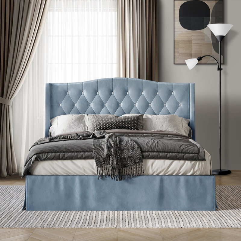 Lit plateforme tapissier Dwayn, Bleu pastel, Grand