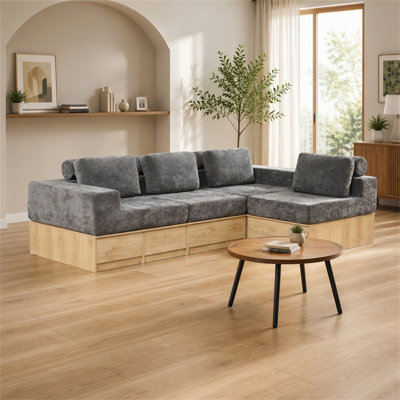 Modular Sectional Sofa with Storage Drawers, Multi-Functional L-Shaped Couch with Built-In Cabinet Base and Center Table Design, Convertible Combination Sofa Set, Modern Upholstered Sofa