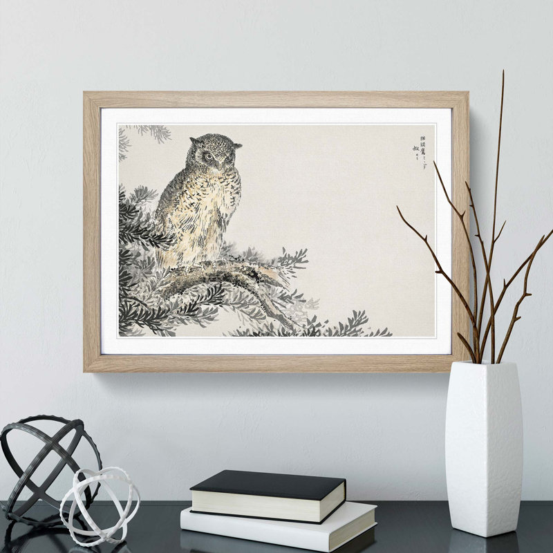 Japanese Scops Owl by Numata Kashu - Picture Frame Painting Print, 27cm H x 36cm W x 2cm D, Oak Framed