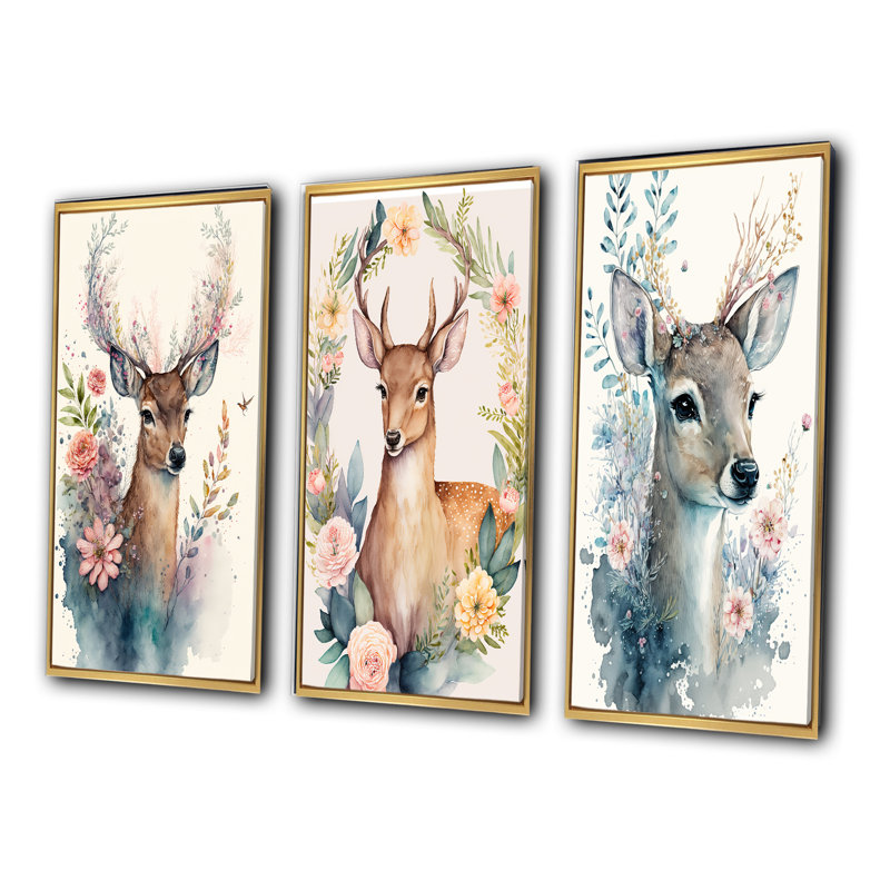 «Cute Little Deer With Pink Flowers», 3 pièces sur toile, Or, H 32 po x l 48 po