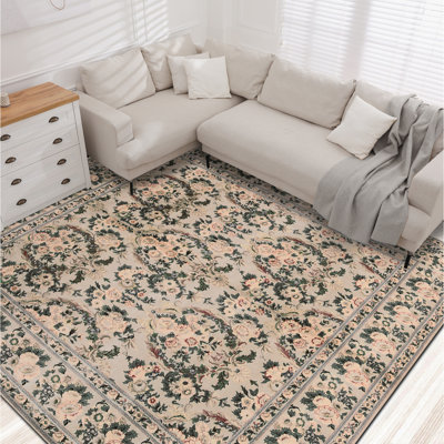 Tapis beige et vert noué à la main de haute qualité