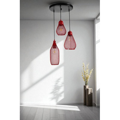 Elegant Adjustable Chandelier, Red & Black Metal Body, 11 x 17 in, 15 x 23 in, 12 x 30 in | Base Plate: 12 in | 3 x E27 Socket (Max 40W) | Modern Lighting for Dining Room, Living Room, and Entryway | IP20 Rated