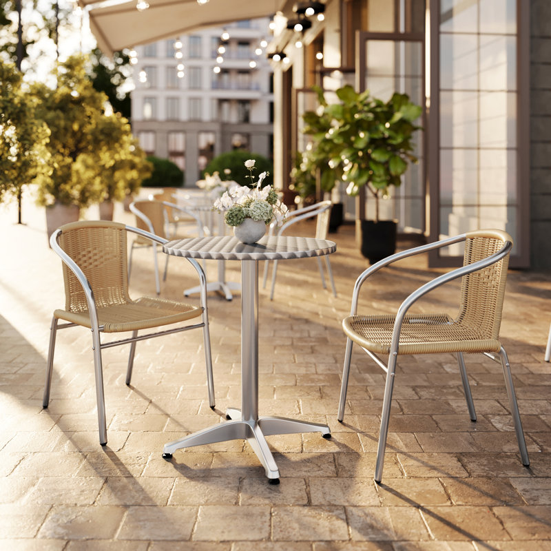 DuJuan 31.5'' Round Aluminum Indoor-Outdoor Table Set with 2 Rattan Chairs, Beige, 23.5"W x 23.5"D x 27.5"H