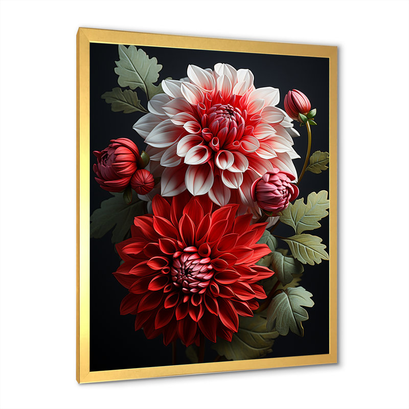 Rouge et vert Dahlia Bouquet Harmony I - Dahlia Wall Art, Cadre photo doré simple, H 32 po x l 16 po x P 1 po
