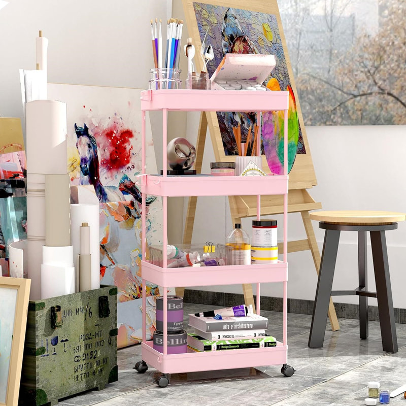 Rolling Storage Cart, Pink, 33.5" H x 8.66" W x 15.75" D