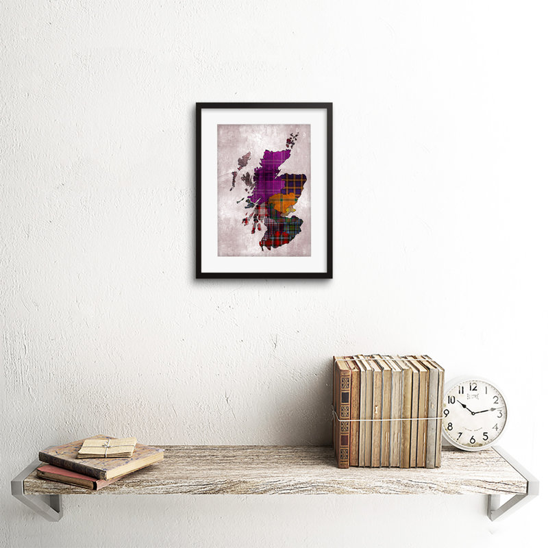 Painting Map Outline Scotland Tartan Inset Regions - Single Picture Frame Print, Black, 35cm H x 25cm W x 2.4cm D