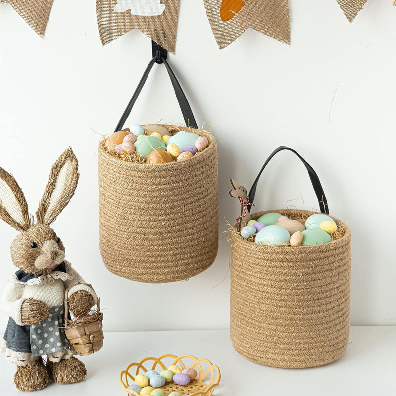 Ensemble de 2 paniers suspendus - Petit panier de corde en fougère tissée suspendue avec plantes et fleurs Boho, Brun