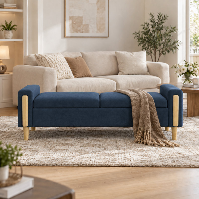 Banc de rangement moderne à double couvercle, capitonné, avec compartiment caché spacieux et accoudoirs, idéal pour l'entrée de chambre et le salon.