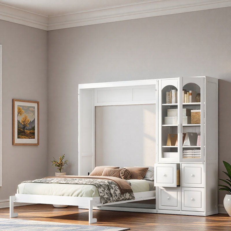 Lit escamotable avec portes en acrylique, 4 tiroirs et tablettes de rangement multiples, Blanc