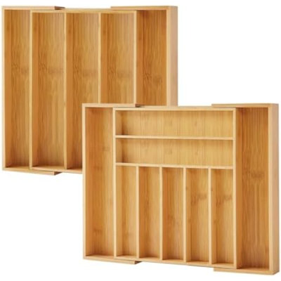 Bamboo Drawer Organizer, 2 Pack - Expandable Silverware Organizer & Utensil Drawer Organizer, Cutlery Tray With Dividers, 7-9 Slots - Premium Kitchen Organizer For Utensils & Flatware (Natural)
