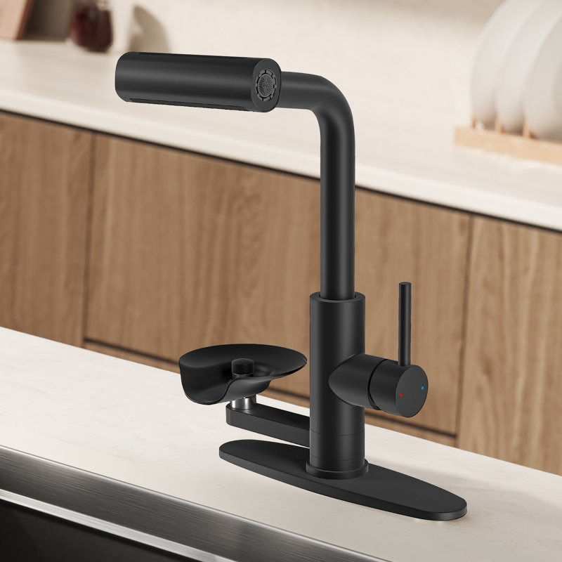 Robinet de cuisine rétractable noir mat avec rinçage intégré en verre et mode cascade, Noir mat