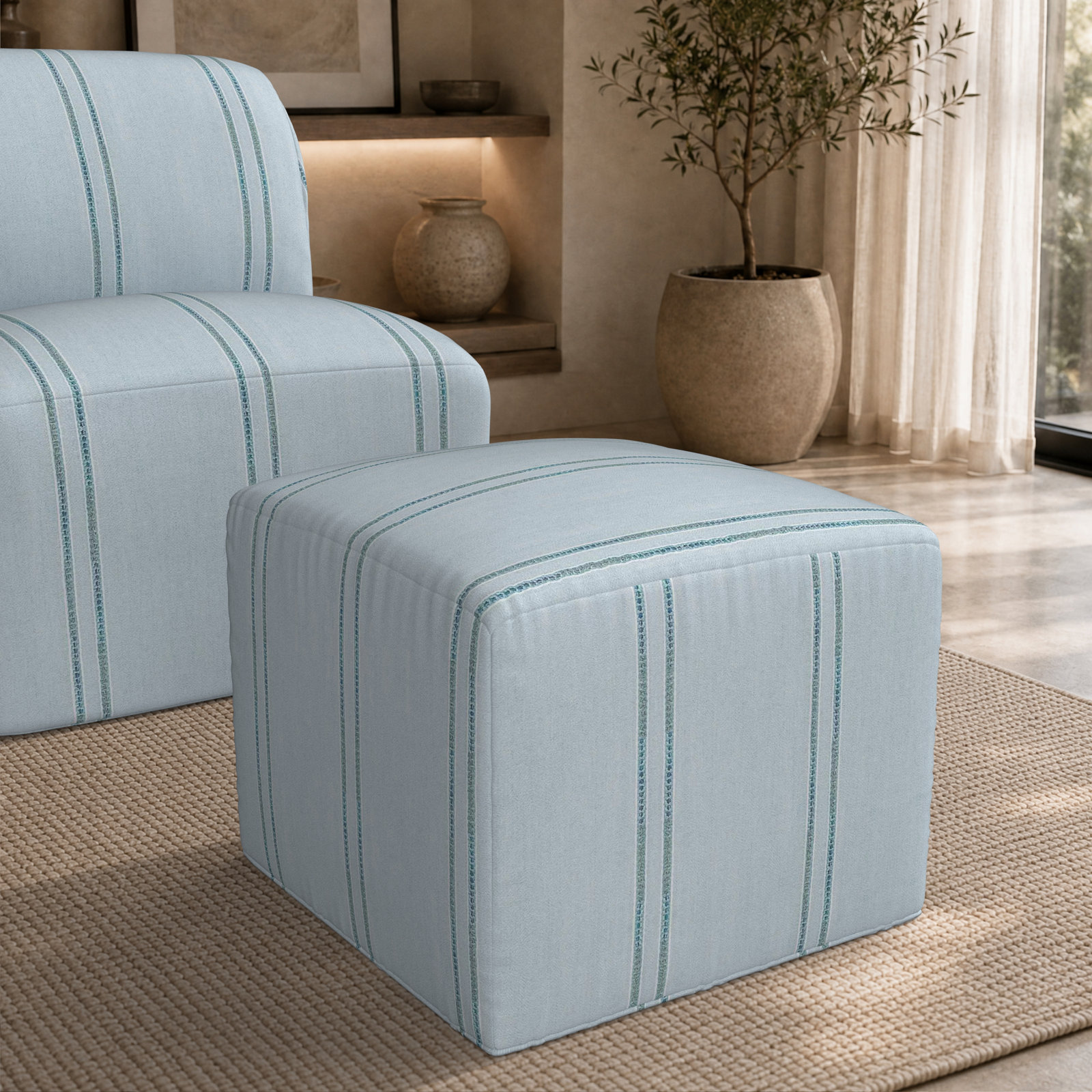 Eliana 18" Sunbrella® Patio Ottoman, 18"H x 22"W x 22"D, Sunbrella Wayward Sky