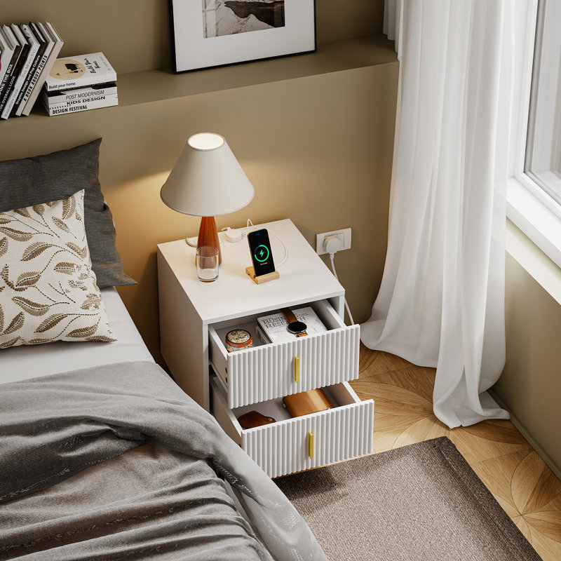 40cm W Manufactured Wood Bedside Table With Charging Station