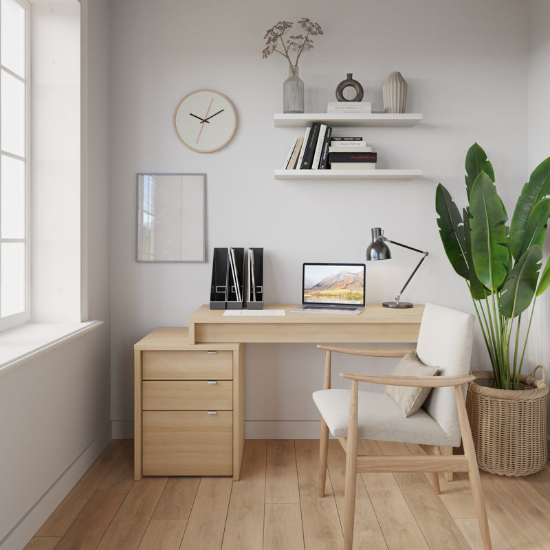 Bureau à domicile 3 pièces avec rangement polyvalent et bureaux, chêne blond naturel