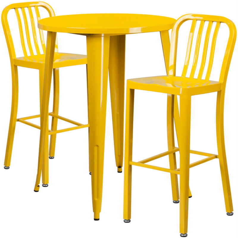 Drumfane 30'' Round Metal Indoor-Outdoor Bar Table Set with 2 Vertical Slat Back Stools, Yellow, 30'' x 30'' x 41''