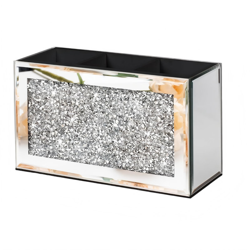 Organisateur de porte-pinceau à maquillage en miroir avec diamant concassé, 3 fentes
