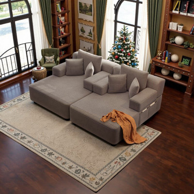 Oversized 2-Piece Chaise Lounge Set With Storage Pockets, Convertible Sofa Bed, Plush Corduroy Fabric, Spring Support