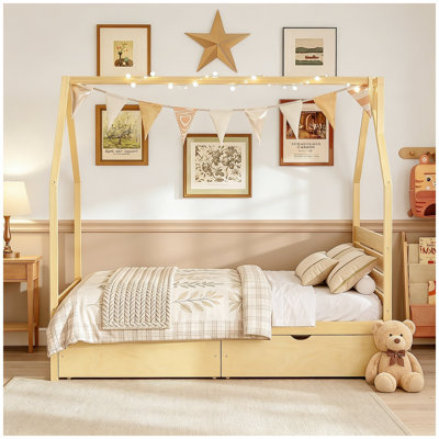 Cadre de lit double pour enfants, lit Montessori avec 2 tiroirs de rangement, lit double en bois avec tête de lit, aucun sommier requis, assemblage facile, naturel