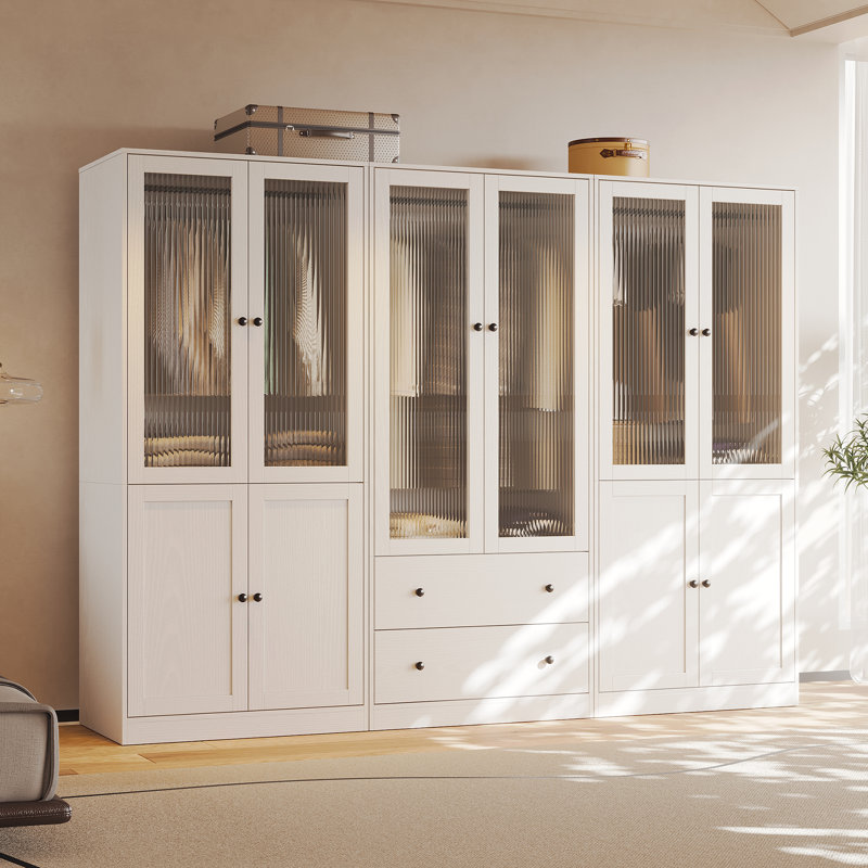 Armoire moderne 20 po x l 94,5 po x H 71 po avec portes à fermeture douce - garde-robe en verre cannelé avec tablettes et tiroirs