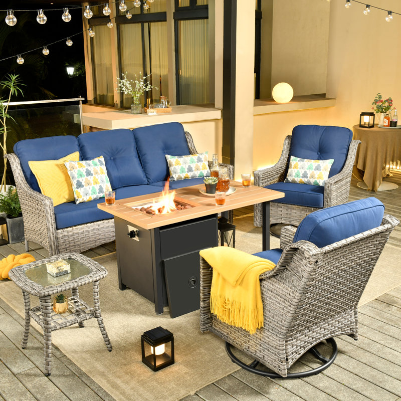 5 - Person Patio Furniture Set with Swivel Rockers, Outdoor Wicker Rattan High Back Seating Group with Cushions, All Weather Sofa Conversation Set with Fire Pit Table for Garden Backyard