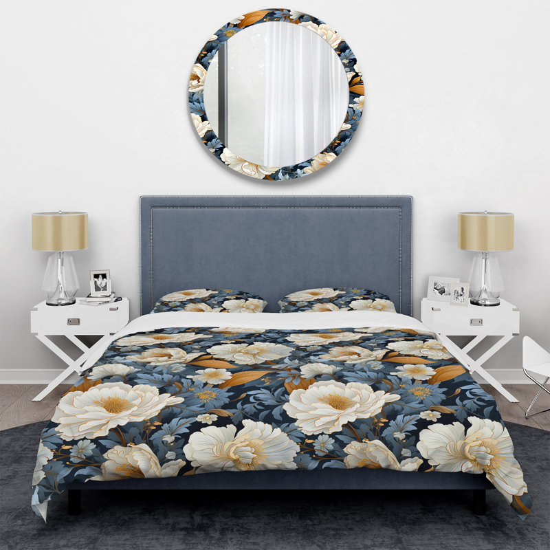 Motif de renard bleu et beige - Ensemble de housse de couette floral - Polyester en microfibre