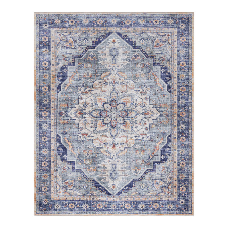 Samira Tiefi Navy Blue Ivory Multi Machine Washable Traditional Medallion Indoor Area Rug, Flat Pile for Living Room & Bedroom - Navy, 5x7