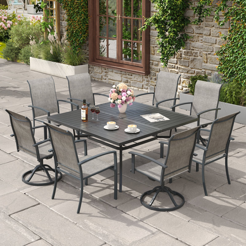 Ensemble de salle à manger d'extérieur carré pour 8 personnes avec chaises pivotantes et empilables, Black/Gray/Gray