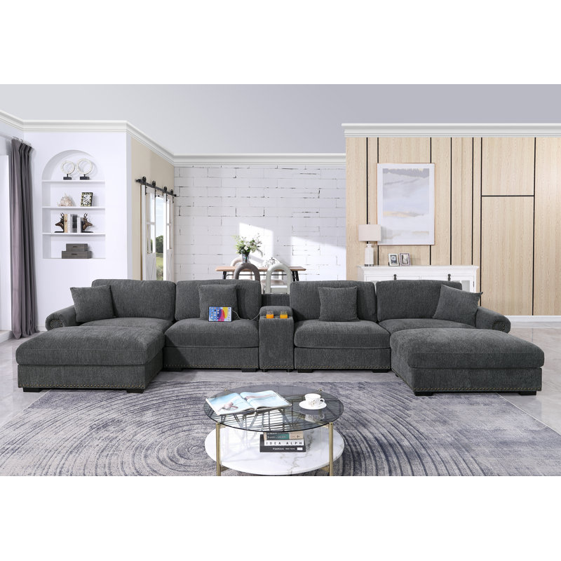 Oversized U Shaped Chenille Cloud Couch With 2 Ottomans & Cup Holder & USB, Dark Gray Chenille