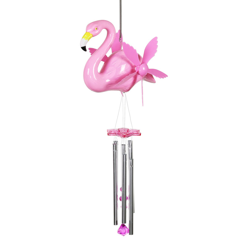 Large Pink Flamingo Wind Chime with Spinning Wings
