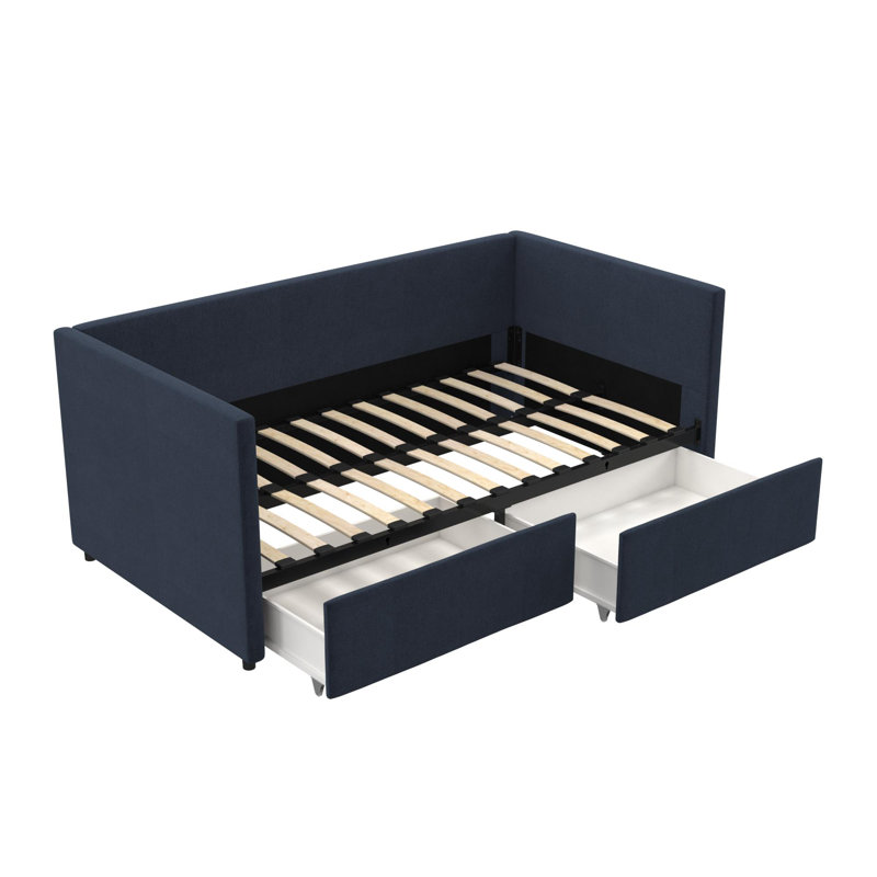 Dmitry Upholstered Daybed with Drawers, Blue Linen, Full