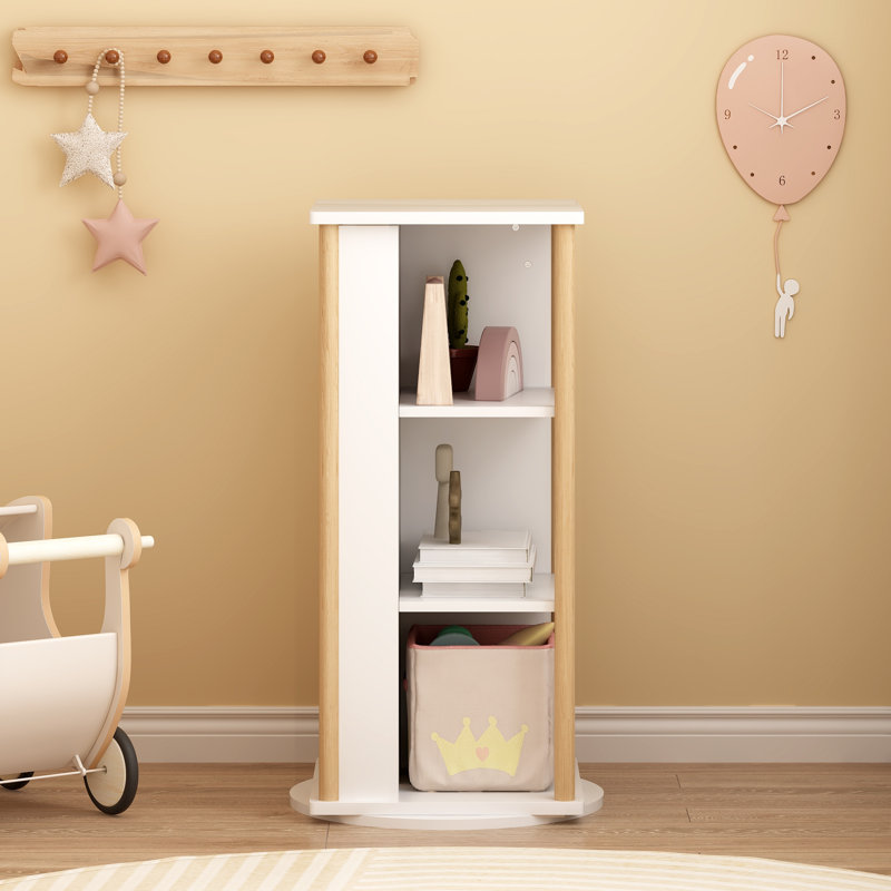 Bibliothèque à 360 ° pour enfants avec tableau noir, bibliothèque de plancher en bois à 3 niveaux et rangement pour jouets, présentoir à livres d'images