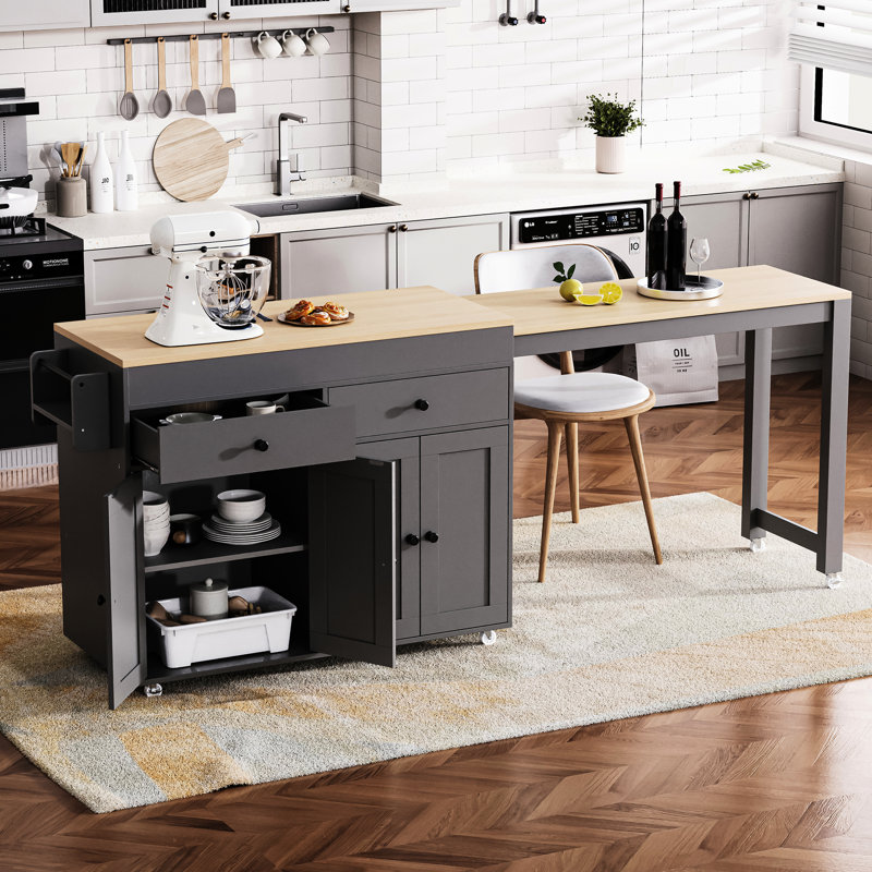 Îlot de cuisine roulant gris avec 2 tiroirs et table de rangement stable avec 7 roues universelles amovibles